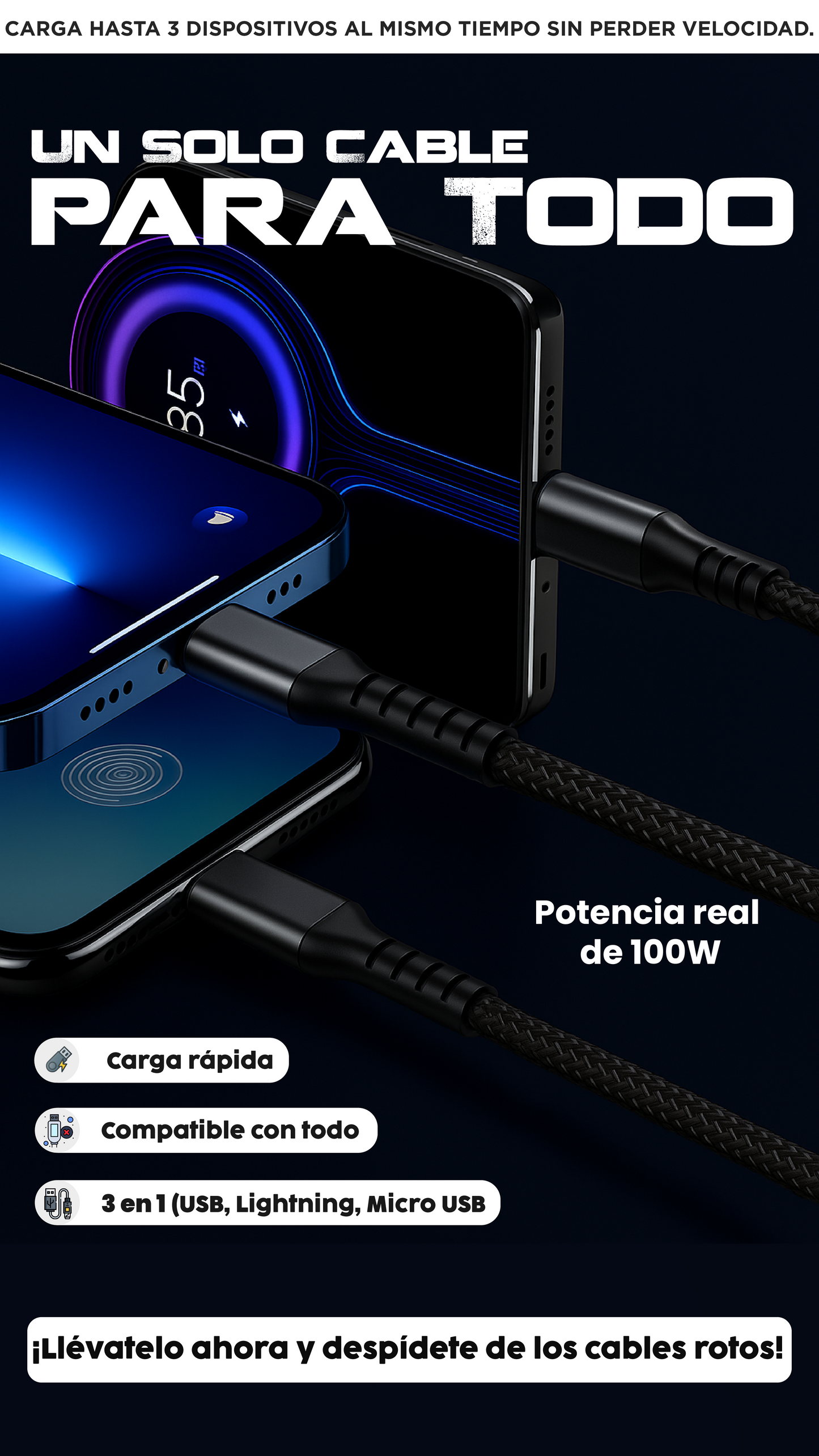 Cargador 3 en 1| Resistente, compatible y rápido.